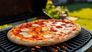 Nahaufnahme einer brutzenden Pizza mit goldbraunem Rand auf einem Stahlbackblech auf einem Grill im Freien, im Sonnenlicht, mit unscharfem Gartenhi...