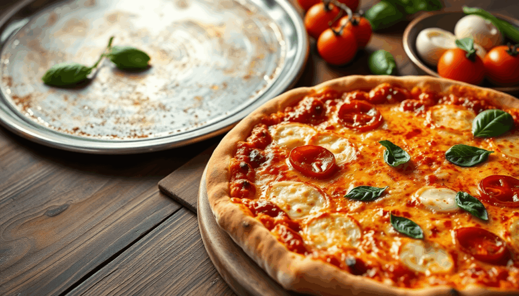 Nahaufnahme einer frisch gebackenen neapolitanischen Pizza mit goldbraunem Rand auf einem Holztisch, neben einem Stahlbackblech sowie frischen Toma...