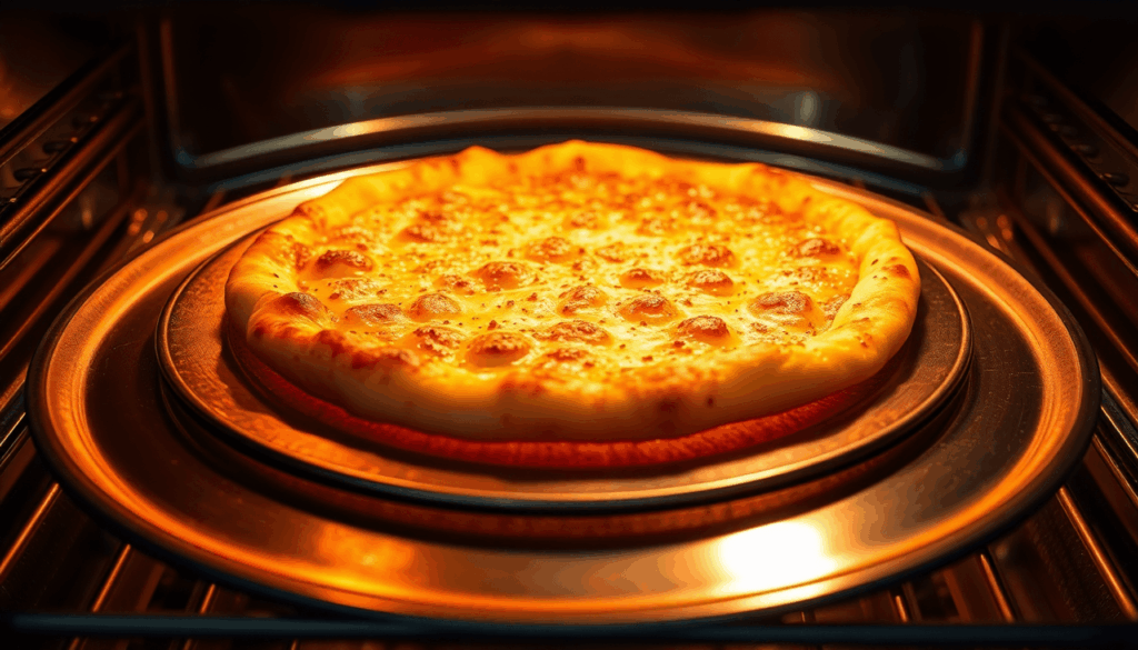 Nahaufnahme einer glühend heißen Stahlbackplatte mit einem knusprigen goldbraunen Pizzaboden, der in einem modernen Ofen gebacken wird.