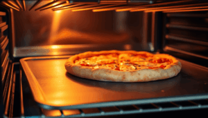 Nahaufnahme eines glühenden Stahlbackblechs in einem Ofen mit einer goldenen, knusprigen Pizzakruste oben drauf.