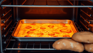 Nahaufnahme eines leuchtenden Stahlbackblechs in einem modernen Ofen mit goldbraunem Pizza und knusprigem Brot daneben.