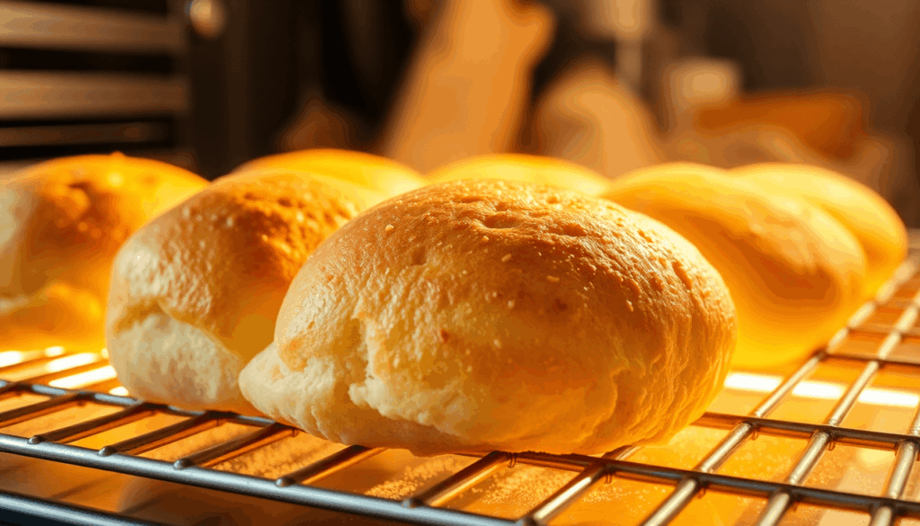 Nahaufnahme von goldenen, knusprigen Brötchen auf einem heißen Stahlblech mit aufsteigendem Dampf in einer hellen Küche.