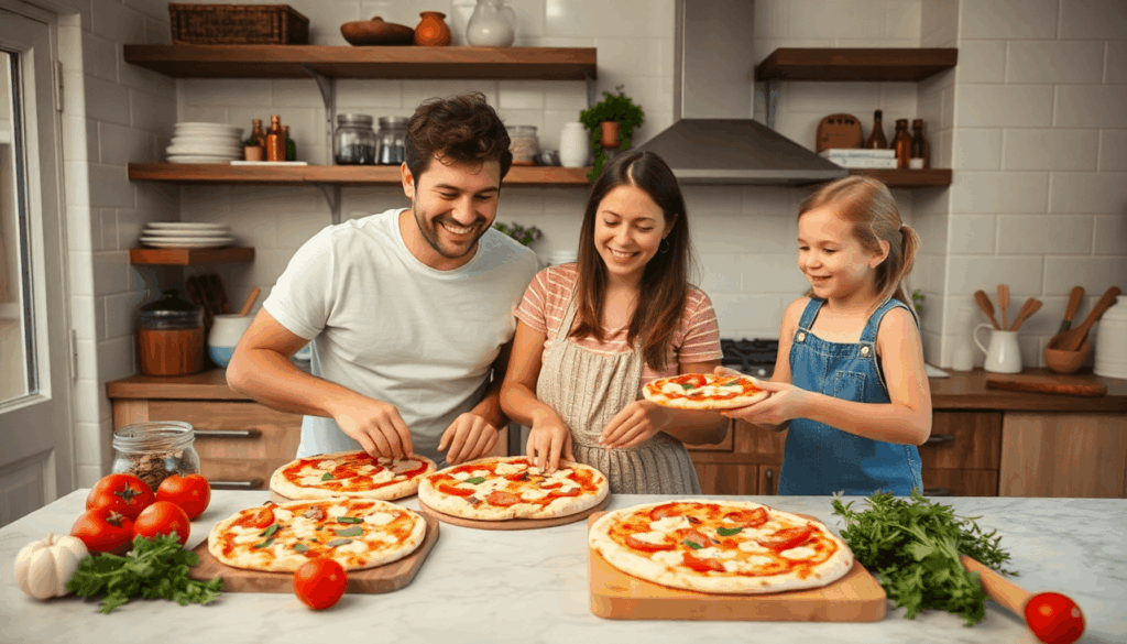 Familie macht fröhlich hausgemachte Pizzas in einer warmen Küche, umgeben von frischen Zutaten wie Tomaten, Käse und Kräutern auf der Arbeitsplatte.