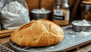 Frisch gebackenes Sauerteigbrot auf einem Metallbackstahl, umgeben von Roggenmehl und einem Glas mit Sauerteigstarter, in warmem natürlichem Licht ...