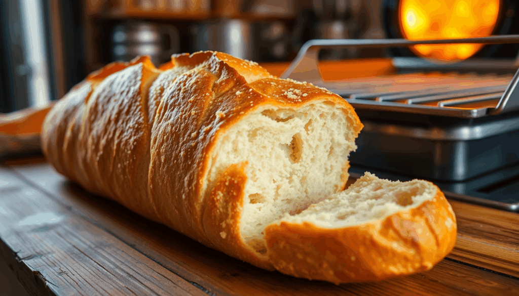 Frisch gebackenes französisches Baguette mit goldener Kruste und luftiger Krume auf rustikalem Holztisch neben glühend heißem Backstahl in warmer K...