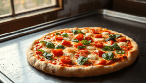 Knusprige Low-Carb-Pizza mit goldbraunem Rand und frischen, bunten Belägen auf einer glühend heißen Stahlbackfläche.