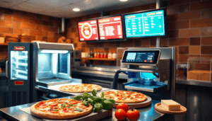 Moderne Pizzaküche mit automatisierten Pizzamaschinen, digitalen Bestellbildschirmen und frischen Zutaten wie Tomaten, Basilikum und Käse zur Schau.