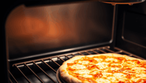 Nahaufnahme einer glühend heißen Stahlbackplatte mit einer goldbraunen Pizza, knusprigem Rand und geschmolzenem Käse in einem modernen Ofen.