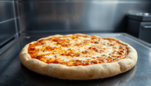 Nahaufnahme einer goldenen Pfannenpizza mit dickem, knusprigem Rand, die auf einer glühenden Stahloberfläche in einer modernen Küche gebacken wird.