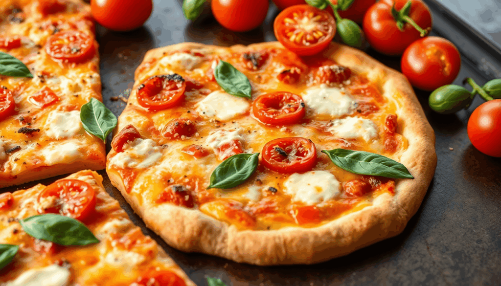 Nahaufnahme einer knusprigen glutenfreien Pizza auf dunklem Backstahl, umgeben von frischen Tomaten, Basilikum und Käse, in warmem natürlichem Lich...