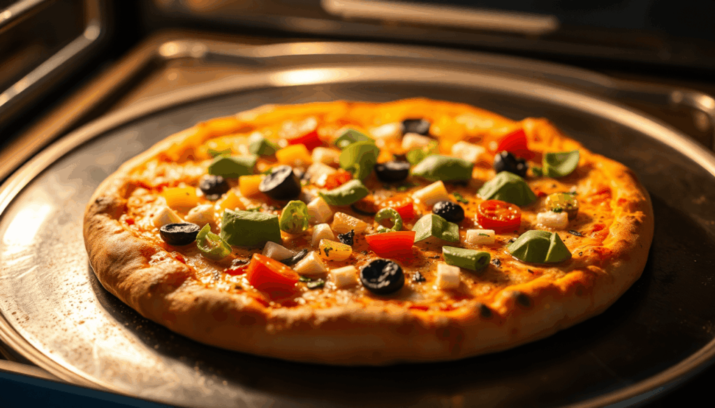 Nahaufnahme einer knusprigen veganen Pizza mit buntem Gemüse auf einem heißen Stahlbackblech in einem modernen Ofen, die die Textur des Randes und ...