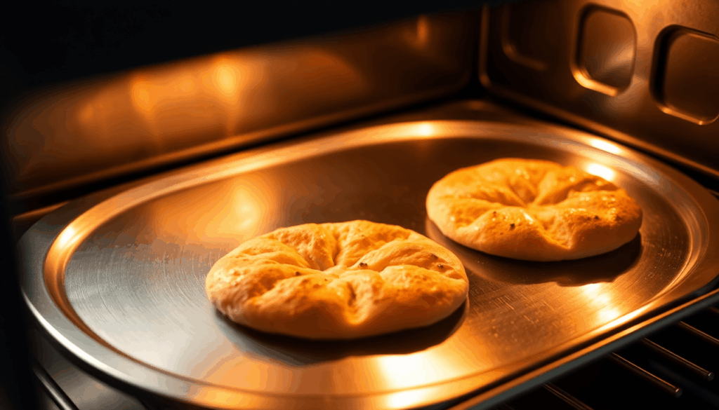 Nahaufnahme einer leuchtenden Stahlbackplatte in einem Ofen, auf der goldbraunes Brot und Pizzaböden liegen und die Wärmeleitung sowie Backperfekti...