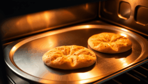 Nahaufnahme einer leuchtenden Stahlbackplatte in einem Ofen, auf der goldbraunes Brot und Pizzaböden liegen und die Wärmeleitung sowie Backperfekti...