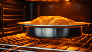 Nahaufnahme einer leuchtenden Stahlbackplatte mit goldbraunem Brot crust in einem modernen Ofen in einer minimalistischen Küche.