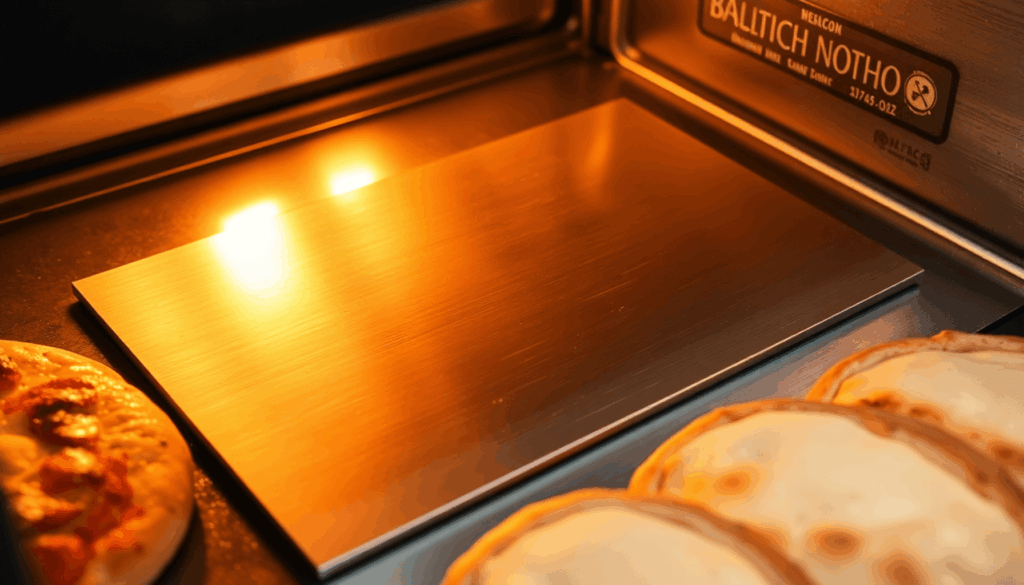 Nahaufnahme einer leuchtenden rechteckigen Backstahlplatte in einem Ofen, mit frischem Brot und Pizzateig in der Nähe, die einen effizienten Wärmeü...