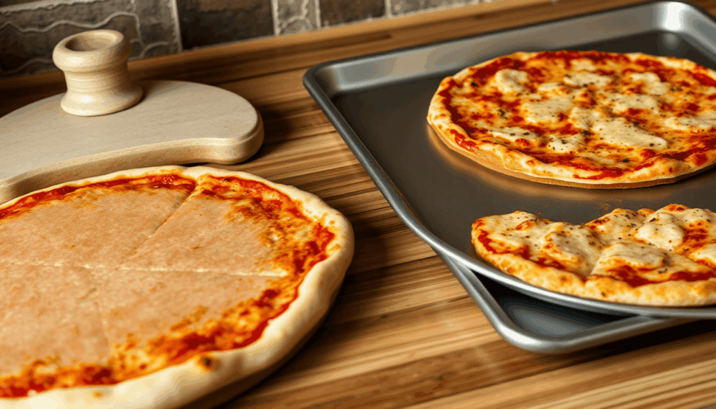 Nahaufnahme einer rustikalen Pizza-Bäckerei-Szene mit keramischem Stein und Stahlblech auf einer Holzarbeitsplatte, die jeweils goldbraune, frisch ...