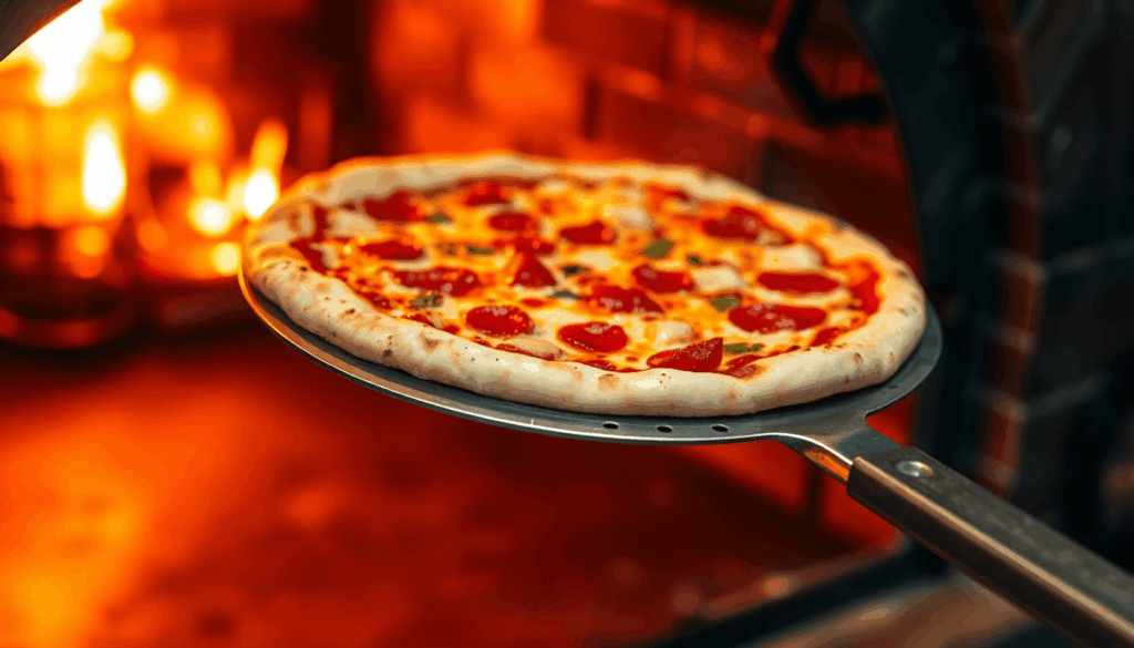 Nahaufnahme eines Aluminium-Pizzaschiebers, der eine frische Pizza hält, bereit für einen traditionellen Ofen, in warmem, gemütlichem Küchenlicht.