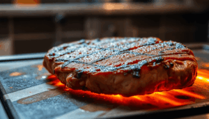 Nahaufnahme eines brutzelnden Steaks mit einer knusprigen Kruste, das auf einer heißen Stahlplatte in einer modernen Küche gegart wird.