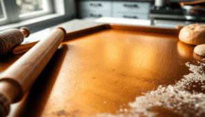 Nahaufnahme eines glänzenden Backstahlblechs mit einer warmen goldenen Patina, umgeben von Backwerkzeugen in einer modernen Küche, die Qualität und...