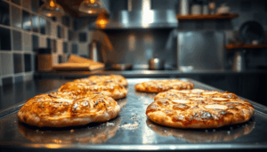 Nahaufnahme eines glänzenden Stahlbackblechs mit knusprigem Brot und Pizza, warmes Licht hebt die Textur und Robustheit der Oberfläche hervor.