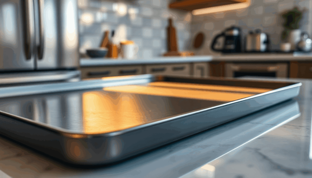 Nahaufnahme eines hochwertigen Backblechs aus Karbonstahl, das warm in einer modernen Küche leuchtet, wobei weiches natürliches Licht seine glatte,...