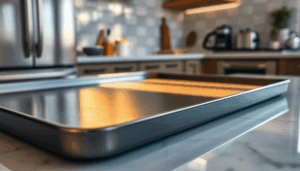 Nahaufnahme eines hochwertigen Backblechs aus Karbonstahl, das warm in einer modernen Küche leuchtet, wobei weiches natürliches Licht seine glatte,...