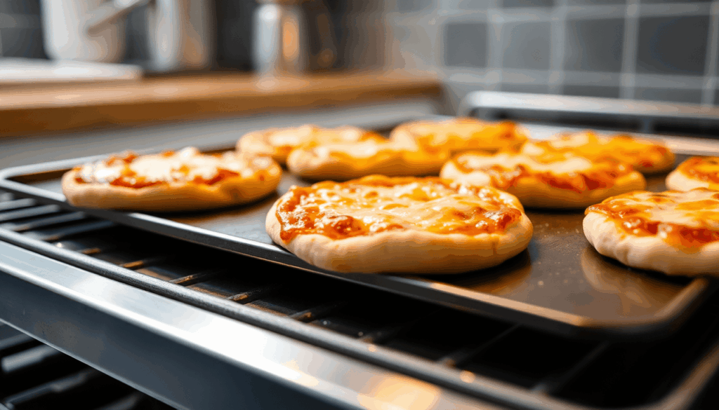 Nahaufnahme von Mini-Pizzen mit goldbraunen Rändern und geschmolzenem Käse, die auf einem heißen Stahlbackblech in einer modernen Küche gebacken we...