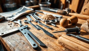 Nahaufnahme von Stahlwerkzeugen und Rohmaterialien auf einer hölzernen Werkbank in einer Werkstatt, mit warmem, natürlichem Licht, das die Texturen...