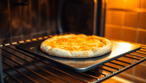 Nahaufnahme von glühend heißem Backstahl auf einem Ofenrost mit knusprigem Pizzaboden, der Wärme und Knusprigkeit in einer warmen Küchensituation h...