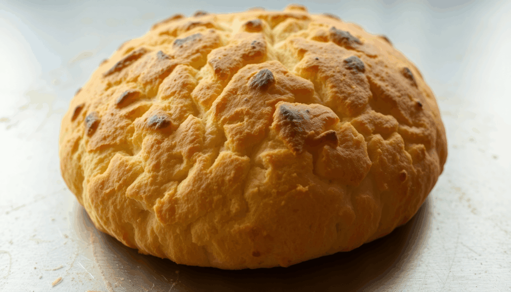 Nahaufnahme von goldbraunem Focaccia-Brot mit knuspriger Kruste auf einer glänzenden Stahlbackfläche, die rustikale Textur und modernen Kontrast ze...