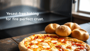 Nahaufnahme von goldbrauner, knuspriger Pizza und frischen Brötchen auf einem rustikalen Holztisch mit glänzender Stahlbackfläche im Hintergrund.