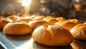 Nahaufnahme von goldenen, knusprigen Brötchen auf einem glänzenden Stahlbackblech mit aufsteigendem Dampf, im warmen Sonnenlicht gebadet und eine g...