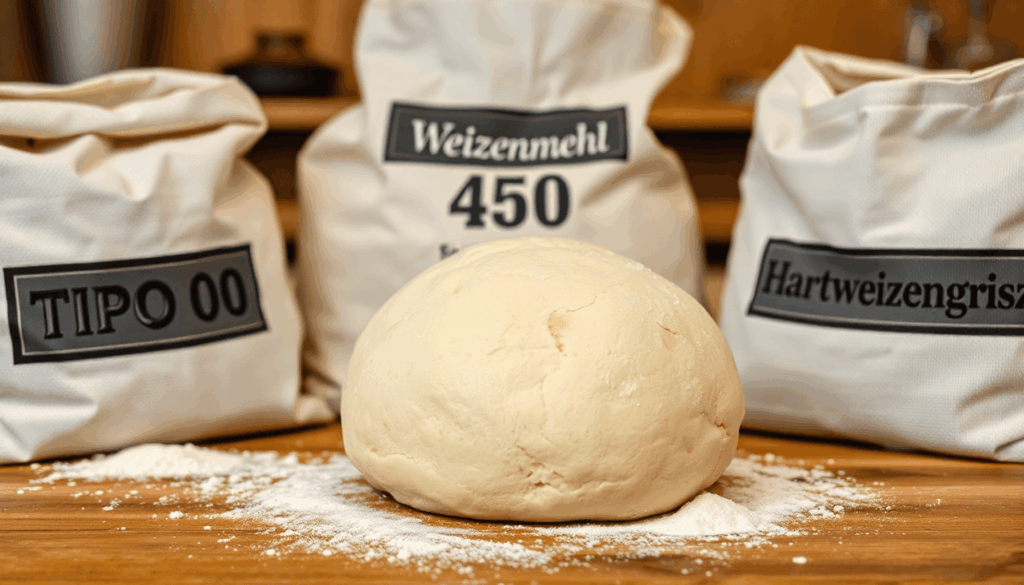 Nahaufnahme von rustikalem Pizzateig auf Holz, umgeben von Säcken mit verschiedenen Mehlen, mit einem warmen Küchenhintergrund, der die Texturen he...