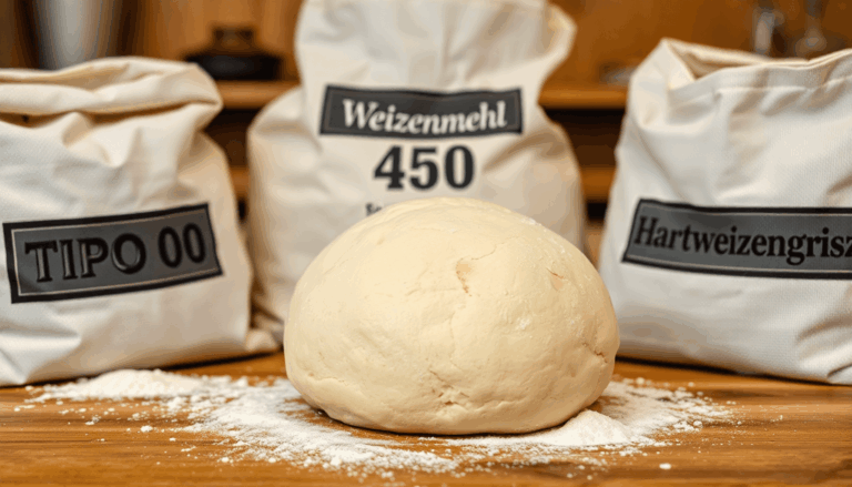 Nahaufnahme von rustikalem Pizzateig auf Holz, umgeben von Säcken mit verschiedenen Mehlen, mit einem warmen Küchenhintergrund, der die Texturen he...