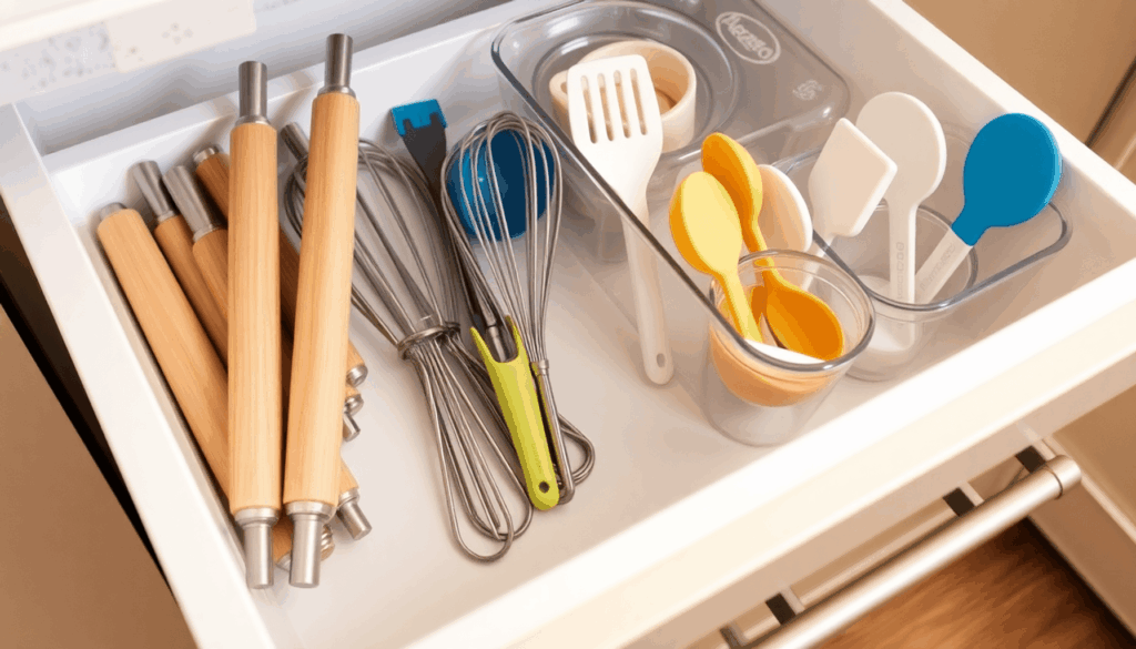 Ordentlich organisierte Küchenschublade mit Backutensilien wie Teigrolle, Schneebesen, Messbechern und Spateln in klaren Behältern.