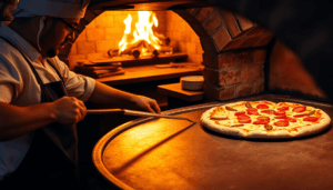 Pizzaiolo, der Pizza auf einer Stahlfläche in einem mit Holz befeuerten Ofen mit glühendem Feuer und goldbraunen Krusten in einer rustikalen, warme...