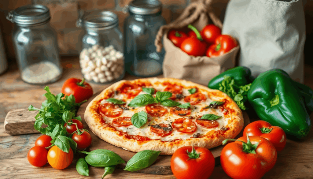 Rustikale Küche mit frischem Gemüse und hausgemachter Pizza auf einem Holzbrett, wiederverwendbaren Gläsern und Stoffbeuteln im Hintergrund, die na...