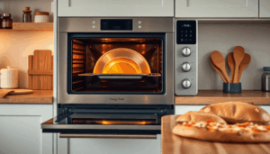 Moderne Küche mit einem eleganten Ofen, leuchtendem Stahlbackblech, warmen Farbtönen, frischem Brot und Pizza auf einer Holzarbeitsplatte, die gemü...