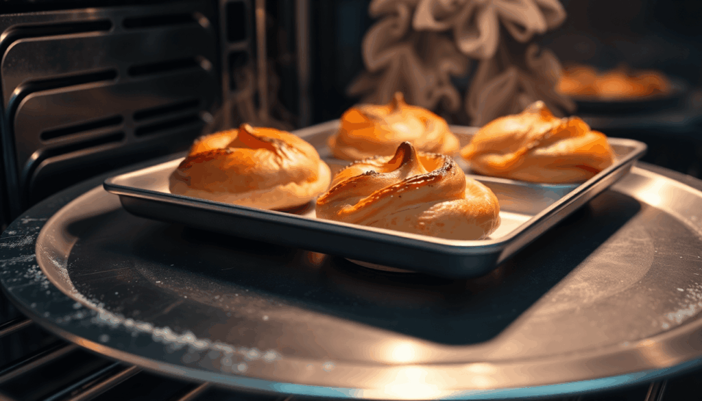 Nahaufnahme eines glänzenden Stahlbackblechs in einem Ofen mit goldbraunen Gebäckstücken, knusprigen Rändern und aufsteigendem Dampf, die warme hau...