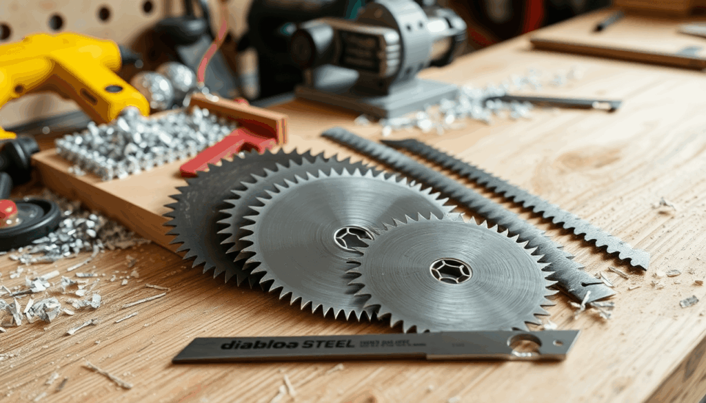 Nahaufnahme von DiabloSteel-Sägeblättern und Stichsägeblättern, die ordentlich auf einer Holzarbeitsplatte mit Metallspänen und Werkzeugen im Hinte...