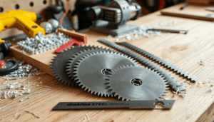 Nahaufnahme von DiabloSteel-Sägeblättern und Stichsägeblättern, die ordentlich auf einer Holzarbeitsplatte mit Metallspänen und Werkzeugen im Hinte...