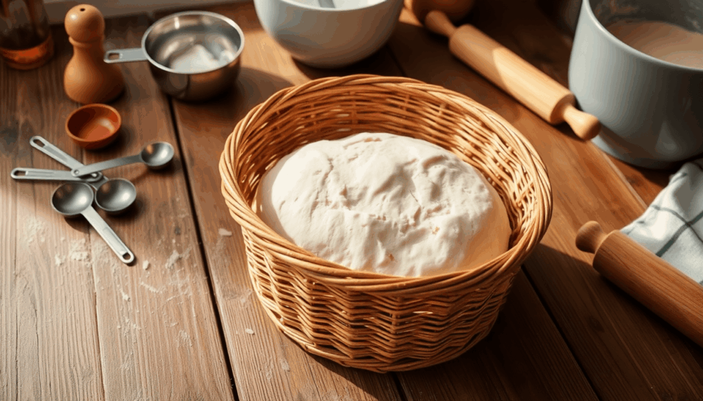 Rustikaler Holztisch mit einem Rattan-Gärkorb mit aufgehendem Teig, umgeben von Backwerkzeugen und warmem, natürlichem Licht, das die Texturen herv...